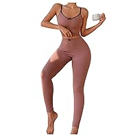 Milumia Women's 2 Piece Ribbed Knit Pajama Bow Front Cami Top and Skinny Pants Pj Set Loungewear