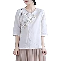 Retro Cheongsam Shirt Chinese Traditional Women Soft Blouse Summer Casual Loose Embroidery Top Arts Hanfu Tang Suit