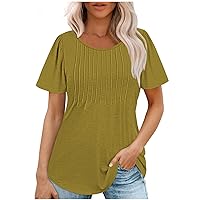 Women's Summer Casual Top Short Sleeve T-Shirts Square Neck Pleated Flowy Trendy Tunic Tops for Leggings