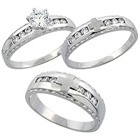 Sterling Silver 3-Piece His 7 mm & Hers 5 mm Trio Wedding Ring Set CZ Stones Rhodium Finish, Ladies sizes 5-10, Mens sizes 8-14