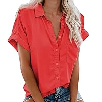 Womens Summer Loose Shirts 2024 Trendy Casual Lapel Short Sleeve T-Shirts Solid Button Down Blouse Tops with Pocket