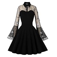 Wellwits Women's Keyhole Mesh Bell Long Sleeves Gothic Cocktail Vintage Dress
