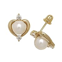 14k Yellow Gold White 6x6mm Freshwater Cultured Pearl and CZ Cubic Zirconia Simulated Diamond Love Heart Screw Back Earrings Jewelry for Women