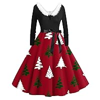 Christmas Dresses for Women Holiday Outfits Fashionable Long Sleeve V-Neck Print Matching Zipper Christmas Party Outfits
