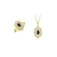 Rylos Women's 14K Yellow Gold Floral Pattern Halo Pendant Necklace & Matching Ring. Gemstone & Diamonds, 18