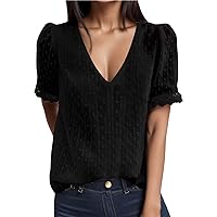 Summer Tops for Women 2024 Casual V Neck Lace Crochet Short Sleeve Blouses Solid Color Swiss Dot Flowy Tunic Shirts