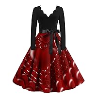 Vintage Dresses for Women Valentine's Day Sexy V Neck Long Sleeve Pleated Swing Tunic Cocktail Party Dress with Belt