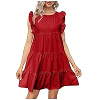 Women's Casual Dresses Round Neck Casual Short Sleeve Ruffle-Trim Summer Mini Dresses 2023