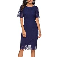 MEROKEETY Women's Short Sleeve Lace Floral Cocktail Dress Crew Neck Knee Length for Party