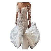 Romantic Sheer Neckline Long Sleeves Plus Size Mermaid Women Ball Gown Wedding Dresses for Brides with Train