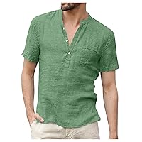 Linen Shirts for Men,Plus Size Short Sleeve Fashion Shirt Casual 2024 Trendy Solid Button T-Shirt Blouse Top Tees