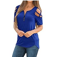 Womens Summer Cold Shoulder Tops, Fashion Solid Casual T-Shirts, Ladies Sexy Zipper Loose Fit Tunic Top Blouses A- Blue