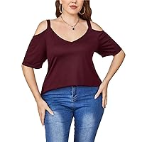 Plus Size Top for Women Summer V Neck Casual Loose Short Sleeves Tunic Tops (Burgundy Blouse 4XL)