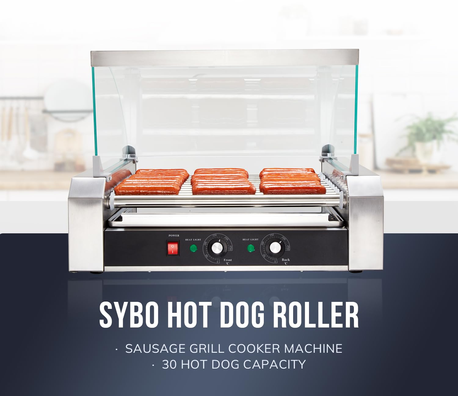 SYBO Hot Dog Roller, 30 Hot Dogs 11 Rollers Grill Cooker Machine with Removable Stainless Steel Drip Tray and Glass Hood Cover, 1430-Watts, Perfect for Commercial And Party