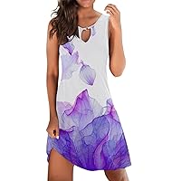 Women's Sleeveless Summer Trendy Sexy Neck Side Slit Vintage Floral Flowy Swing Tunic Short Sundress with Pockets