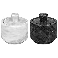 Marble Salt Cellar with Lid, White and Black Stone Salt and Pepper Bowl Box Container Jar Holder Well Keeper Dish Pig Crock