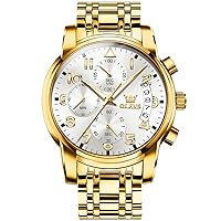 OLEVS Men's Stainless Steel Chronograph Watch, Big Face Gold Silver Black Tone Easy to Read Analog Quartz Watch, Luxury Waterproof Date Diamond Roman Arabic Numerals Dial Dress Watch for Men