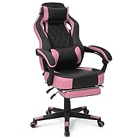 MoNiBloom Ergonomic Gaming Chair with Retractable Footrest & Detachable Lumbar Support 360 Degree Swivel Racing Style PU Leather Computer Gaming Chair with Headrest for Home Bedroom Office, Pink