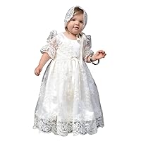 Long Lace Bonnet Christening Gowns for Girls with Buttons Half Sleeves