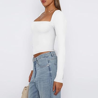 Women Square Neck Long Sleeve Crop Tops Sexy Slim Fit Y2K Going Out Tops Solid Basic Tight Cropped T Shirts