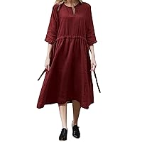 Women Spring Autumn Three Quarter Sleeve Solid Color Cotton Loose Round Neck Drawstring Dress Casual Skirts for