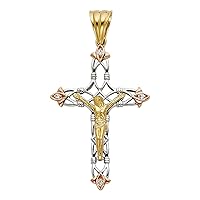 Solid 14k Yellow White Rose Gold Crucifix Charm CZ Jesus Cross Pendant Budded Religious Fancy 33 x 48 mm