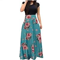 Maxi Dress for Women Floral Print Boho Dress High Waist Crewneck Short Sleeve Loose Summer Casual Long Dress Plus Size