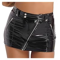 Womens Nightclub Party Gothic Skirts High Waist Slanted Zipper Skirts Sexy Clubwear Latex Patent Leather Miniskirt