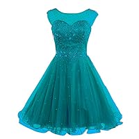 VeraQueen Women's A Line Beaded Homecoming Dress Short Tulle Sleeveless Cocktail Gown Teal