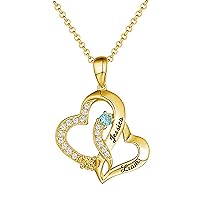 Solid 10K/14K/18K Gold Real Diamond Personalized Simulated Heart Mom Necklace with 2 Birthstone Customized Engraved 2 Name Necklace Mother’s Day Gemstone Jewelry Gift