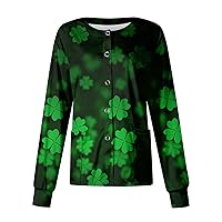St.Patrick's Day Scrub Jacket for Women Long Sleeve Printed Tops Fashion Irish Working Nursing Cardigan Shirts