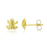 Solid 925 Sterling Silver Polished Frog Stud Earrings for Women | 7.5mm Gold Plated Hypoallergenic Studs