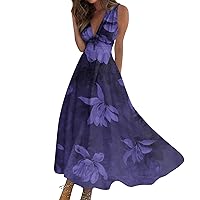 Maxi Dresses for Women 2024 Spring Hawaiian Long Maxi Swing Dress A Line Dress Print Sleeveless V Neck Dress