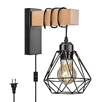 Plug in Wall Sconces,Farmhouse Wall Mounted Lights with Plug in Cord，Black Wall Lamp for Bedroom Bedside Living Room,with Wood Arm and 1.8m(70.8inch) On/Off Switch Cord