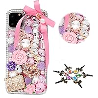 STENES Sparkle Phone Case Compatible with T-Mobile REVVL 6X Pro 5G Case - Stylish - 3D Handmade Bling Bowknot Girls Key Bag Crown Rhinestone Crystal Diamond Design Girls Women Cover - Pink