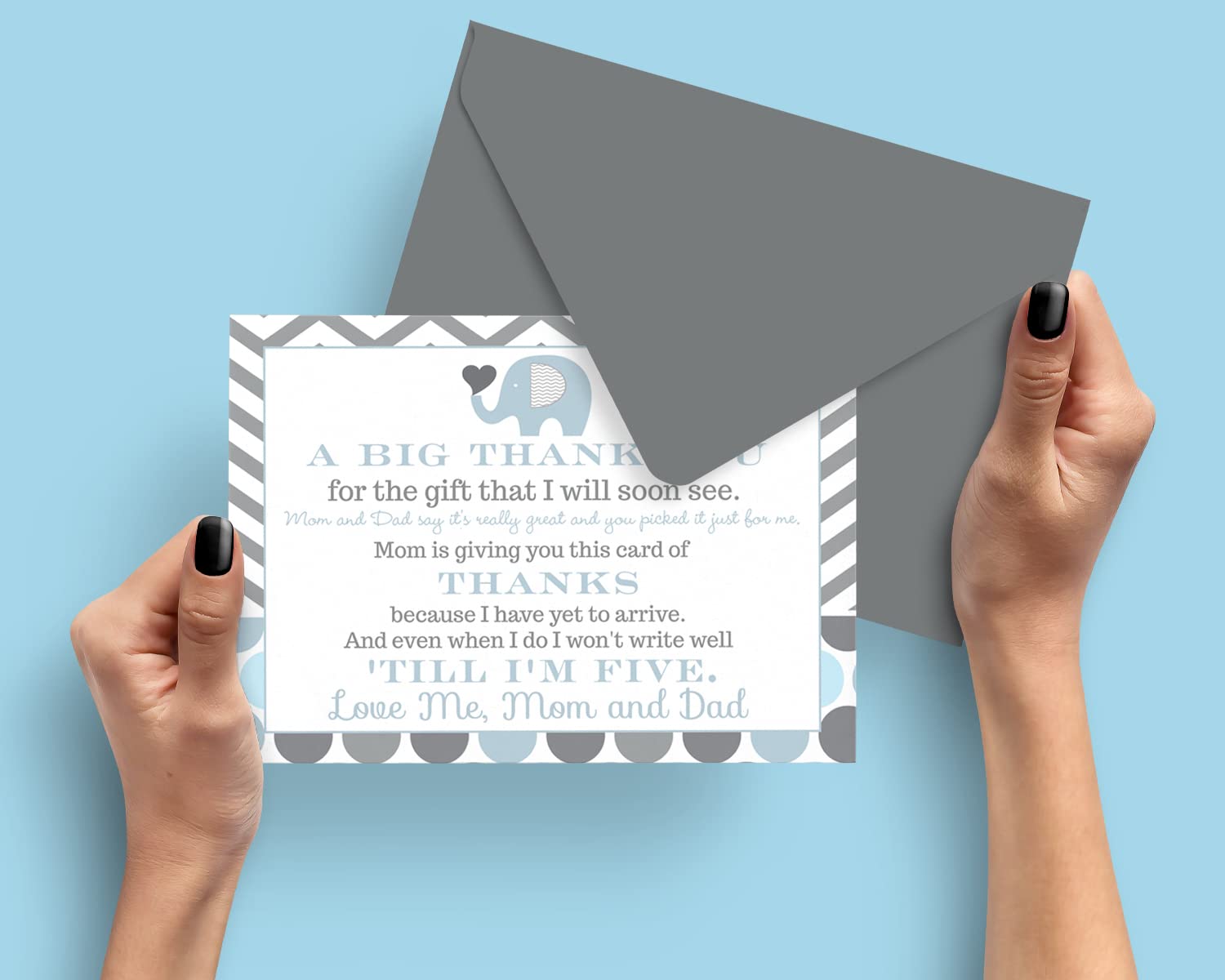 Blue Elephant Baby Shower Thank You Cards with Envelopes (15 Pack) Prefilled Message from Boy – Individual Notecards Thanks for Babies Registry Gifts - Royal Theme Jungle – 4x6 Blank Set