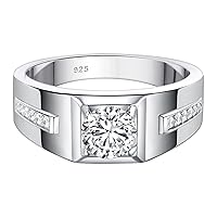 Mens Moissanite Wedding Ring Engagement Solitaire Simulated Diamond 925 Sterling Silver Accent Band D Color VVS1 Clarity Brilliant 1.5cttw Round Cut Size 7-14
