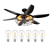 Ohniyou 52'' Farmhouse Ceiling Fan & Vintage LED Edison Bulbs, Rustic Ceiling Fans with Lighting Fixtures for Kitchen Bedroom Living Room