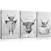 Framed 3pcs Black And White Highland Cow Wall Art Bathroom Decor Canva Poster Printing Canvas Artwork Living Room Apartment Bedroom Bathroom Office Hotel 12x16inch Ready To Hang