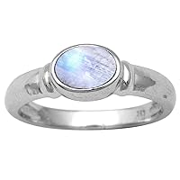 Genuine East-West Set Rainbow Moonstone 925 Sterling Silver Stacking Band Ring