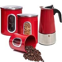 Mixpresso Stovetop Espresso Coffee Maker 10oz/6 Espresso Cup, Moka Coffee Pot with Coffee Percolator Design, Stainless Steel Stovetop Espresso Maker, Italian Coffee Maker, Bundle With 3 Piece Red Can