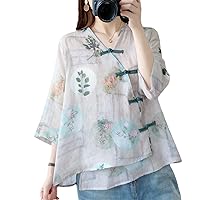 Traditional Chinese Top Chinese Flower Print Hanfu Clothes Traditional Chinese Linen Blouse for Women