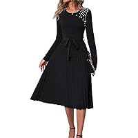 RASNEY Women's Dress Elegant Black Pearls Beaded Belted Pleated Hem Dress Dress IPADSA
