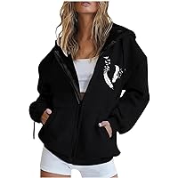 Women's Zip Up Hoodies Teen Girls Oversized Sweatshirt Y2K Clothing Cute Graphic Print Casual Drawstring Jacket with Pockets