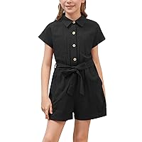 GORLYA Girls Peter Pan Collar Linen Casual Jumpsuit Outfits Button Belted Wide Leg Pant Jumper Rompers 4-14T