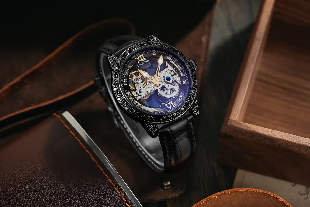 FORSINING Herren-Armbanduhr, einzigartig, automatisch, Luxus-Retro-Lederband, leuchtend, selbstaufziehend, Armbanduhr, Transparent, Mechanisch