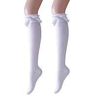 SEMOHOLLI Women Girl's Fashion Knee High Socks With Bow Lace Ruffle Trim Cute Cotton Socks