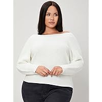 Casual Ladies Comfortable Plus Size Sweater Plus Rib-Knit Solid Sweater Leisure Perfect Comfortable Eye-catching (Color : White, Size : XX-Large)