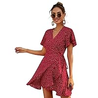 Women's Dress Polka Dot Knot Side Wrap -line Dress (Color : Burgundy, Size : Large)