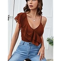 Womens Summer Tops Layered Ruffle Trim Top (Color : Rust Brown, Size : X-Small)
